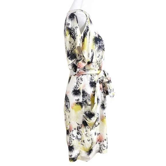 SANDRA ANGELOZZI 100% SILK TIGER TREE PRINT KEYHOLE COLD SHOULDER BELTED DRESS - Picture 2 of 12